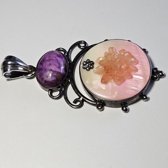 **Sale** Sterling Silver Mother Of Pearl And Purple Semiprecious Gemstone - Picture 7 of 10
